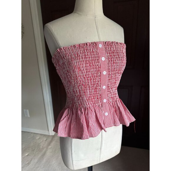 House of Thread red and white strapless elastic peplum top button detail M - Picture 4 of 4